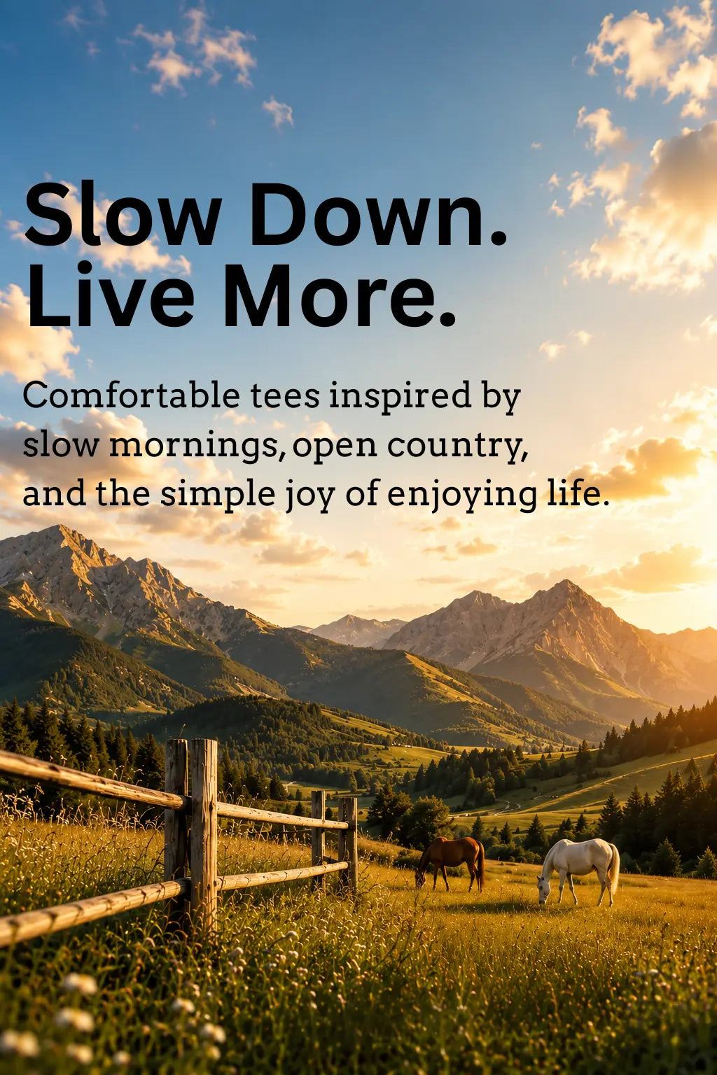A rural scene with horses and text that says "Slow Down. Live More."
